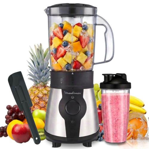 Moulinex Blend & Go, Batidora de vaso de 300 W, Jarra de 1,3 L, 4 cuchillas extraíbles, Acabado acero inoxidable, Piezas aptas para lavavajillas, Botella de plástico de 750 ml + Espátula, LM1B1DES