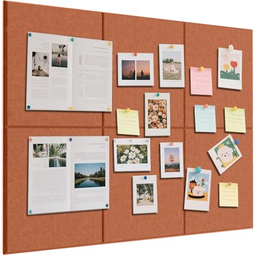 Filt anslagstavla 60 x 90 cm – 6 stycken filtanslagstavlor självhäftande 30 x 30 cm Memo-brädor, bulletinboard, väggdekoration (orange)