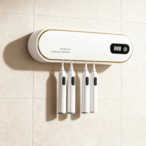 Sterilizzatore UV portaspazzolino da parete con funzione di asciugatura e timer (19,8×8,3×4,8cm), 4 slot per disinfezione profonda, 1800mAh sterilizzatore per spazzolini, sterilizzatore UV per