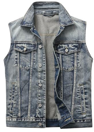 MeiLayM herr denim väst ärmlös jeansväst av bomull fritidsväst utomhus jeansjacka bikerväst motorcykelväst med 6 fickor, Blå-b, S