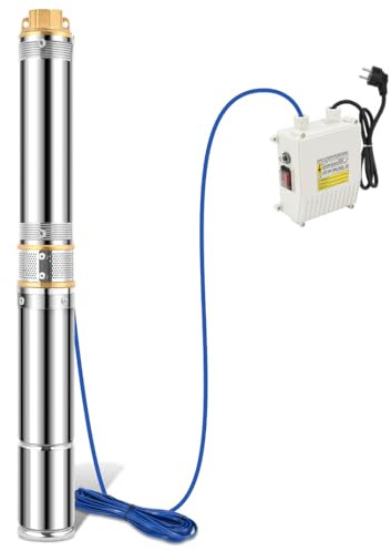 Peviasot Bomba para pozos profundos de 1,10 kW de acero inoxidable con cable de 20 m. Altura máxima de extracción de 81 m y 4000 L/h, bomba sumergible compatible con la arena para pozos, presión