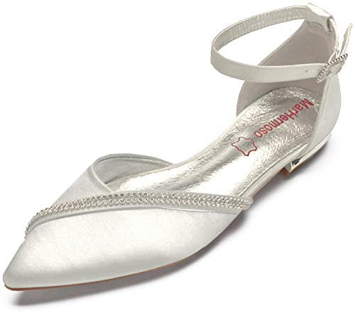 MarHermoso Women's Satin Ankle Strap Cross Strap Side Diamante Pointed Pumps 4 UK Ivory White