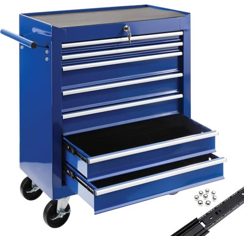 Arebos Carro de Taller | Carro de Herramientas | 7 cajones | con Cierre centralizado | Incl. Alfombrillas Antideslizantes | 2 Ruedas con Freno de Bloqueo | Azul