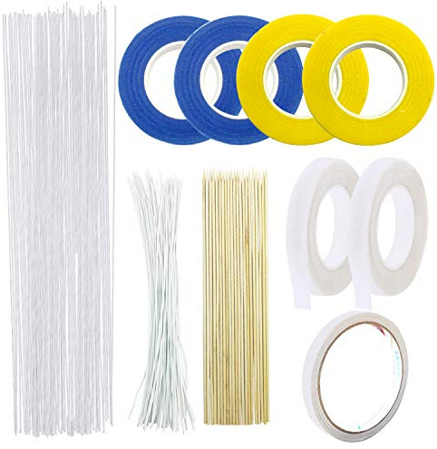 Woohome Blomsterarrangemangssats i 10 delar, blomsterkit med blomtejp i 2 stilar, skafttråd på 0,45 mm (26 gauge), vitt blombuntband och bambupinne för blomsterdesignälskare