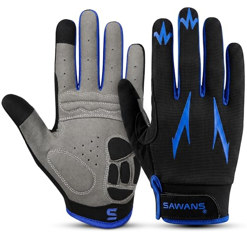 SAWANS Cycling Gloves Full Finger Mountain Bike Gloves Padded Breathable Touchscreen MTB Road Biking Gloves for Men Women Camping,Cycling,Running (Blue, L)