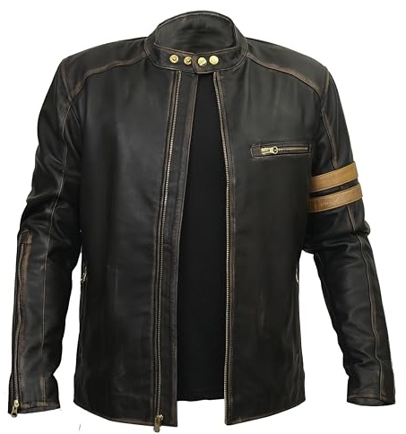 Hafsah Veste de moto en cuir véritable pour homme - Noir vieilli - Veste de motard vintage pour homme (rayures dorées, Rayures dorées, L