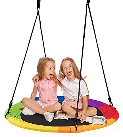 GYMAX Swing Seat with 100-160CM Adjustable Rope, Oxford Fabric Tree Swing, Hanging Chair for Kids and Adults, Holds up to 150kg (Colorful, Round)