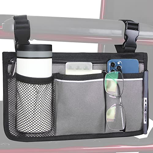 HSGEZUOQI Rollstuhlaufbewahrungstasche Armlehnentasche mit Becherhalter und Reflektorstreifen Wasserdichtes Gewebe, für die meisten Rollstühle, Rollatoren oder Rollatoren (Grau)
