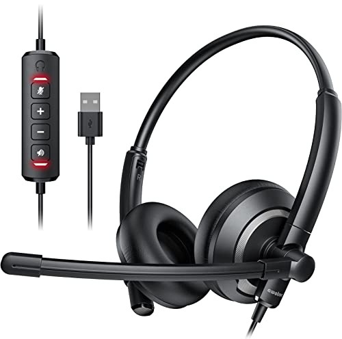 awatrue EH05-U Wired USB Headset with Noise Cancelling Microphone for PC Laptop - Headphones with In-Line Control, Lightweight, Enhanced Sound & MIC Mute