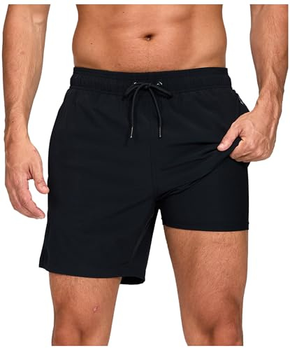 outfit spring Bañador Hombre Secado Rápido con Bolsillo, Pantalones Cortos de Natación 2 en 1 con Forro de Compresión, Bañadores Deportivos para Playa, Piscina y Entrenamiento, C0 Negro, L