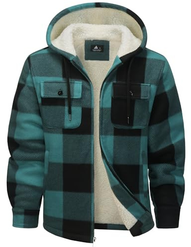 SwissWell Hombres Camisa Chaqueta Cuadros de Franela a Cuadros Gruesos Forro Felpa Casual Forrado Hombres Sudadera Capucha Chaqueta Invierno con Bolsillos(Negro Verde Plaid-M)