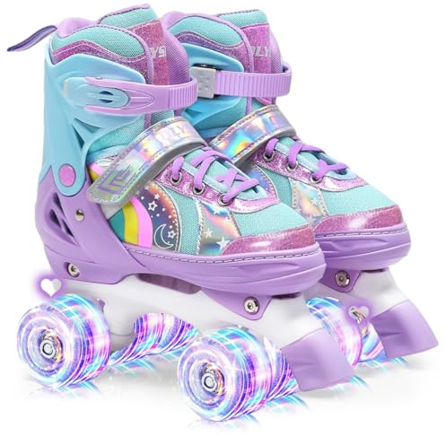 OLYSPM Kids Roller Skates for Girls Boys Pro 4-Size Adjustable, Roller boots With 8 Light Up Wheels, Beginner safe Children's Quad Skates - Ideal Christmas Birthday Gift(Purple,S)