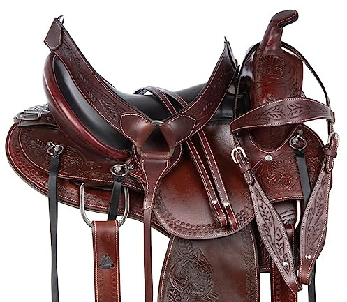 Western Horse ME-WLS-113 Selle de cheval en cuir avec jupe ronde Marron 25,4 à 45,7 cm Siège 43,2 cm