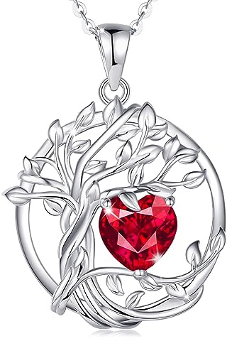 FANCIME July Birthstone Red Ruby Necklace Sterling Silver Tree of life