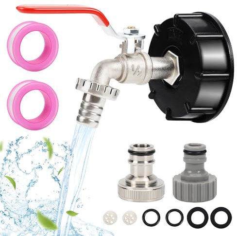Robinet Cuve 1000l, 1/2 Adaptateur de Réservoir en Alliage d'aluminium, IBC Raccord Robinet,Adaptateur Robinet Tuyau Arrosage S60x6 pour Robinets de Jardin, Récupérateur Eau de Pluie