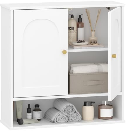 Hzuaneri Hangeschrank, Badezimmerschranke, Wandschrank für Toilette und über Waschbecken, mit 2 Türen, Offener Raum und Verstellbare Regale Medizinschrank, Weiß mit Holzmaserung BC40113X