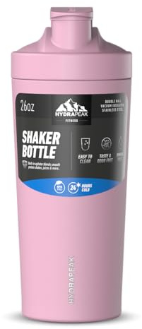 Hydrapeak Insulated 26oz Shaker Bottle, Gym Protein Shake Cup, Stainless Steel, Pink, 76.6162 milliliters