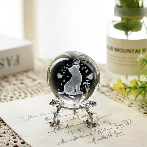 ZEERSHEE 3D Glass Cat Figurine with Stand 60mm Cats Themed Crystal Ball | Cats Related Sympathy Figurines Gifts for Cat Lovers