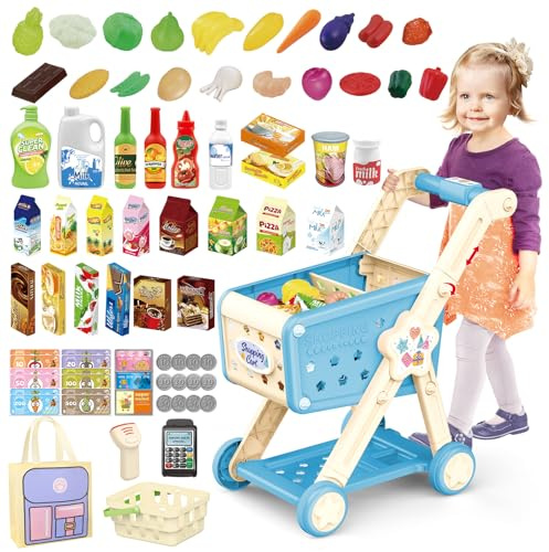 deAO Chariot de Supermarché pour Enfants, Ensemble de Jeu pour bébé avec Nourriture, Fruits et Accessoires de Magasin, Chariot d'épicerie（Bleu）