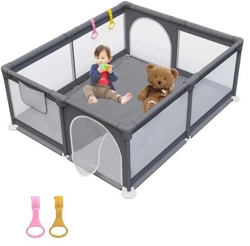 Laufstall Baby 150x180cm, Laufgitter Baby mit 2 Zugringen, Kinder Laufgitter mit Atmungsaktivem Netz und Reißverschluss für Kleinkinder, Dunkelgrau