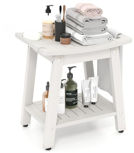 HIPS Shower Bench 2 Tier Spa Curved Shower Seat with Storage Shelf Head and Soap Holder Bathtub Chair Bathroom Stool for Elderly Disabled Adults White 41X32X 44Cm