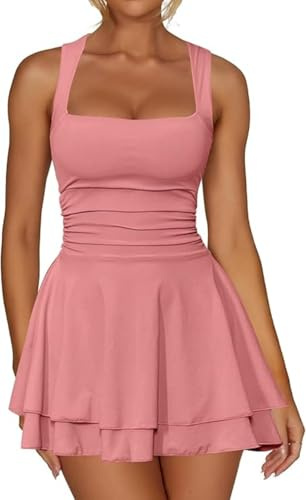 Sukiglam Vestido Mujer Sexy sin Manga Cuello Cuadrado Mini Vestidos de Tirantes Elegantes Dobles Capas Dobladillo con Volantes Vestido Corto Ajustado Verano A Line Vestidos para Fiesta Coctel Club