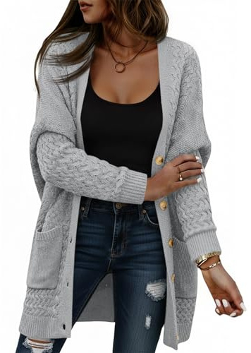 Saodimallsu Chaqueta de punto para mujer, manga larga, cuello en V, cuello en V, con botones, suelto, grueso, informal, elegante, abrigo de punto con bolsillos, gris, XL