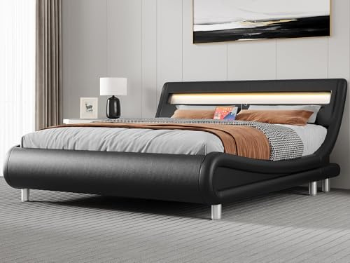 YITAHOME Bed Frame,Upholstered Led Bed Frame with Lights & Storage Charging Station,Platform Bed Frame with Pu Leather/No Box Spring Needed,White and Obsidian