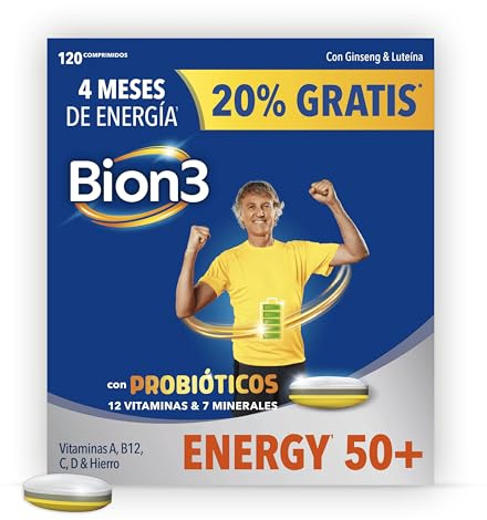 Bion3 Energy 50+ Comprimidos Multivitamínicos con Probióticos, Complemento Alimenticio, Energía Física y Mental¹, Vitamina C, D, A, Complejo B, Hierro