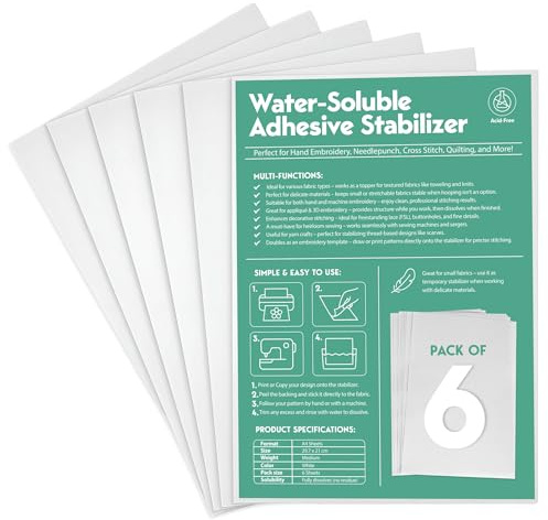 The Bead Shop 6-Pack A4 Sticky Water Soluble Embroidery Stabiliser Printable Paper - Medium Weight Self-Adhesive for Hand and Machine Embroidery Projects