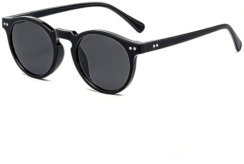 CIKJUK Lunettes de Soleil Homme Femme Ronde Polarisées - Vintage Petit Teinté Classique Protection UV Retro Lunettes Soleil Rondes - Noir/Noir