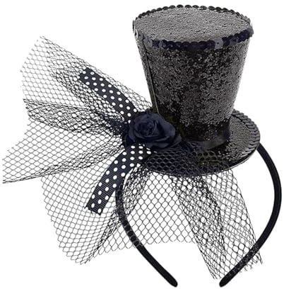 Kreomitxt Mini Top Hat Fascinator Headband with Veil for Women Girl Festival Halloween Christmas Party Costume Carnival, Theme Party (BLACK)