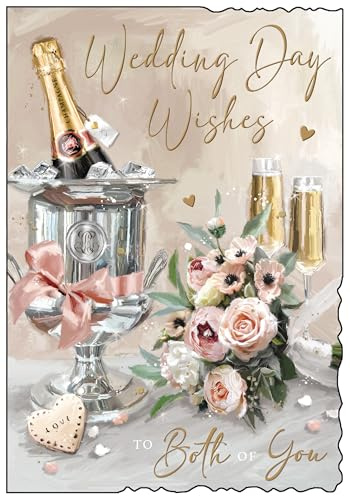 Jonny Javelin Wedding Day Card for Both of You - Elegant Floral Bouquet & Champagne Design - Embossed Gold Foil Finish - Premium Greeting Card with Envelope