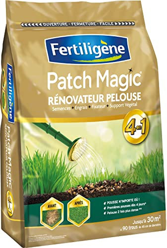 FERTILIGENE FPATCH7 - Patch Magic Rénovateur de Pelouse 7 kg - Formule 4 en 1, semences, engrais, fixateur et support végétal - Pelouse 2 fois plus dense - Première pousses dès 4 jours - Pour 30 m²