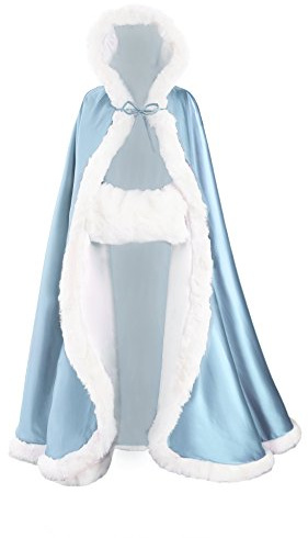 BEAUTELICATE Mantello con Cappuccio Donna Mantella Lungo Pelliccia Sintetica Raso da Sposa con Mano Manicotto per Matrimonio Invernale Hallween Natale Carnevale Cosplay (Powder Blue, 127cm)