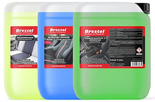 BRESTOL® Reiniger Set - 1x 5 Liter Alcantara Reiniger + 1x 5 Liter Kunststoff- & Lederreiniger + 1x 5 Liter Polsterreiniger - gebrauchsfertige Reiniger für Reinigungspistolen Tornador