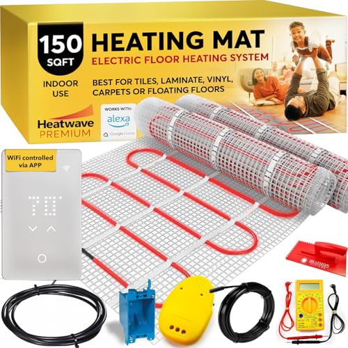 Premium Heated Floor System - 150 Sqft, 15 Amps, 1800 Watts, 120V Underfloor Electric Heating System, Heated Floor Mat, Radiant Heaters with WiFi LED App Thermostat, Alarm, Multi-Meter & Accessories