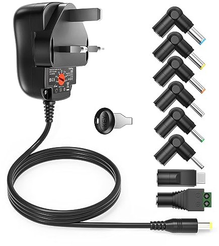 12W Universal AC Charger 3V 4.5V 5V 6V 7.5V 9V 12V 1A Regulated Multi Voltage Switch Replacement Power Supply Adapter for Household Electronic Devices CCTV Routers Speaker Android TV Box Camera