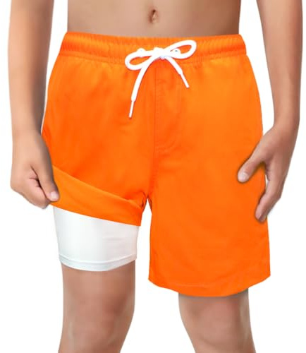 LUCOWEE Boys Swim Trunks with Boxer Brief Liner Compression Anti Chafe Swimming Shorts Stretchy UPF Quick Dry Swimsuit (Bright Orange, Medium)