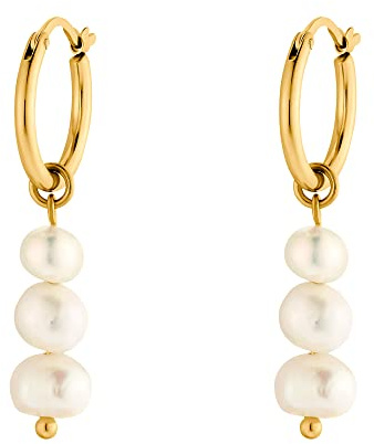 Heideman Ohrringe Maja Damen - Edelstahl Silber Gold Roségold farbend glänzend - Perlenohrringe für Frauen mit hängender Perle weiss - Ohrschmuck 3 Perlen lang hängend