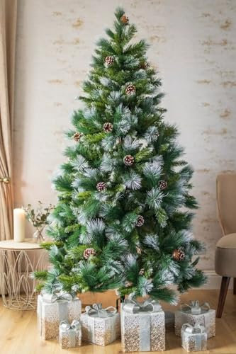 Marco Paul Artificial 6ft Christmas Tree - 180cm Easy Assembly Premium Xmas Tree with Thick Hooked Branches, Metal Stand & Fake Snow - Green & White Trees for Christmas Decorations & Xmas Home Decor
