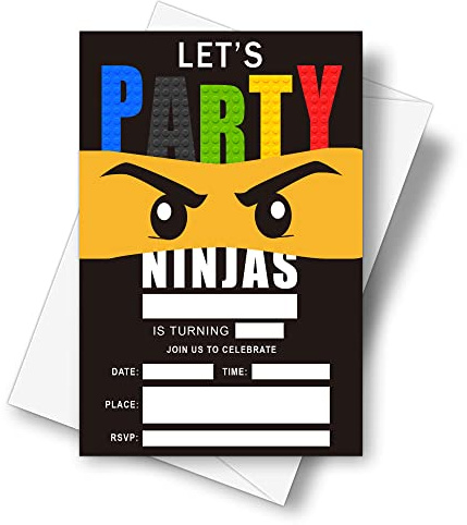 D22 Lot de 20 cartes d'invitation avec enveloppes Thème Ninjas 10,2 x 15,2 cm