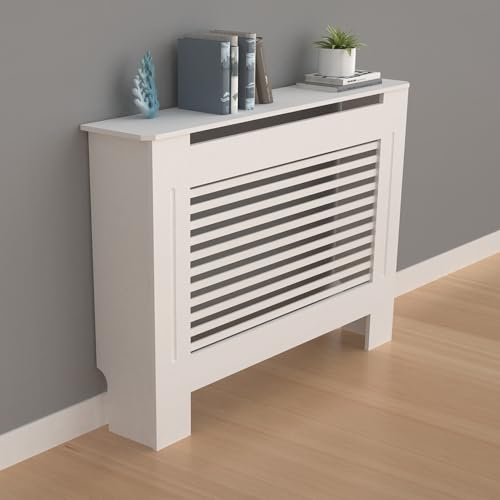 FATIVO Cache-radiateur en Bois pour Armoire : Hauteur Intérieure 100 cm, Couverture de Chauffage à Lattes Horizontales Blanches Moyennes, Étagère Moderne