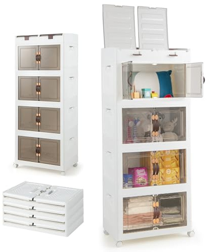 KOMFOTTEU Caja de Almacenamiento Apilable, Contenedor Plegable con Tapas y Ruedas, Caja Organizadora de Plástico Transparente, para Dormitorio, Sala de Estar, 54,5 x 34,5 x 132 cm (4 Niveles)