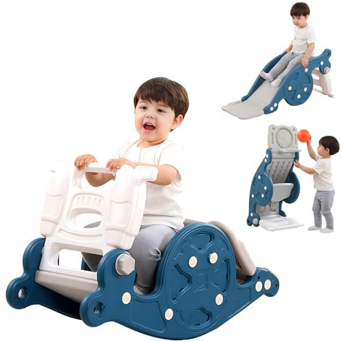 Vinteky 2in1 Kinder Rutsche Wippe Kombination, kinderrutsche ab 2 Jahre, Schaukeltier einfach umdrehen und aus der Wippe Wird eine Kinderrutsche für drinnen und draußen (ohne Umbau) (blau)