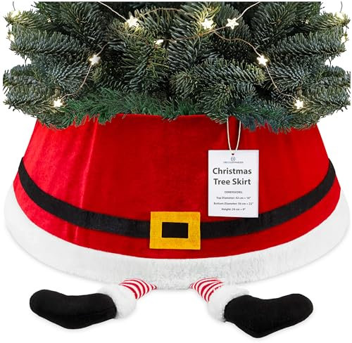 DECO EXPRESS Gonna Albero di Natale, Babbo Natale Copri Base Albero Diverte, Scintillante Collar per Decorazioni Natalizie per Xmas Festa 42x24 cm (Rosso Santa, Top 42cm/Base 56.5cm)