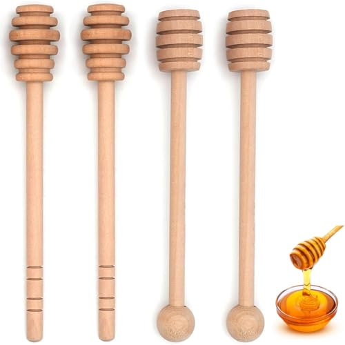 Holz-Honigrührer-Set - 4 Pcs 16cm Honiglöffelm, für den stilvollen Honiggenuss, für Hochzeiten, Geburtstage, Babyduschen, Weihnachten, Partys und Desserts, geruchsneutral & lebensmittelecht.