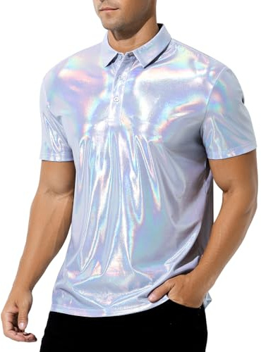Casey Kevin Men's Short Sleeve Collared Shiny Metallic Shirts Disco Top | Nightclub Button Down Shirt Reflective Rave Outfit, Mens 70s Disco Shiny Metallic Short Sleeve Shirts for Theme Party, Stage