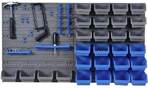 DURHAND Organizador de Herramientas de Pared de 44 Piezas 95x54 cm Estantería de Pared para Herramientas con 28 Cajas Apilables y Diferentes Ganchos Gris y Azul