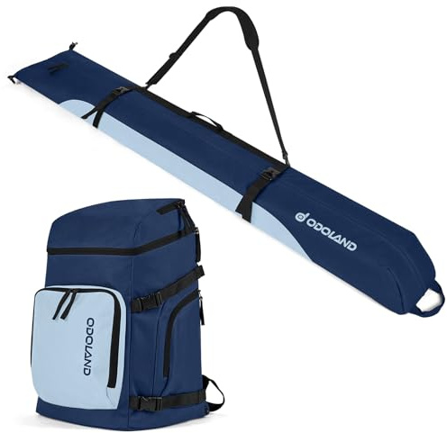 Odoland Ski Bag and Boot Bag Combo, Padded Ski Bags for Air Travel, Snow Ski Backpack Fit Ski Up to 200cm, Waterproof Double Bag for Storage, Transport Ski Gear, Men Women